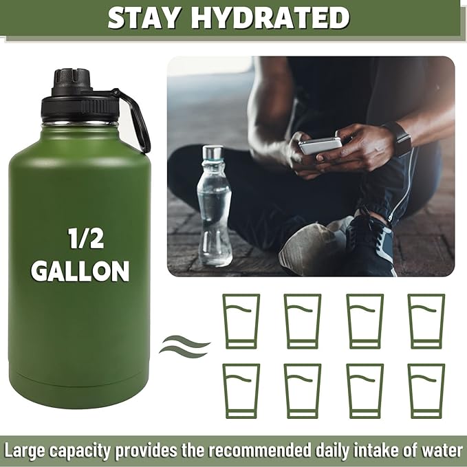 DEFUNX 64 Oz Water Bottle with Sleeve - Military Green Half Gallon Insulated Water Jug with Handle - Stainless Steel Sports Bottle for Gym Workout Hiking Camo Black Pouch