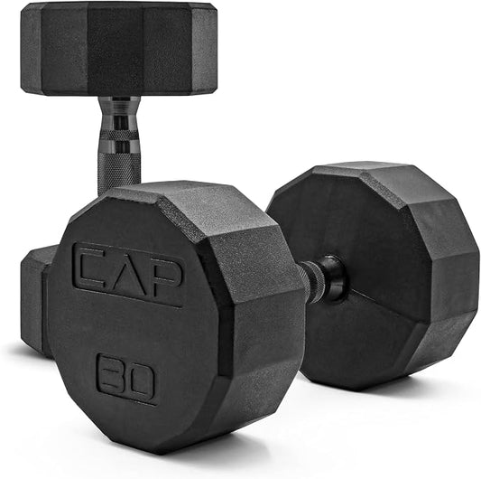 CAP Rubber Coated Dumbbell Weights, Free Weights for Home Gym Strength Training, Anti-Roll Hex Dumbbells with Black, Chrome & Comfort Grip Handles, Pairs & Sets