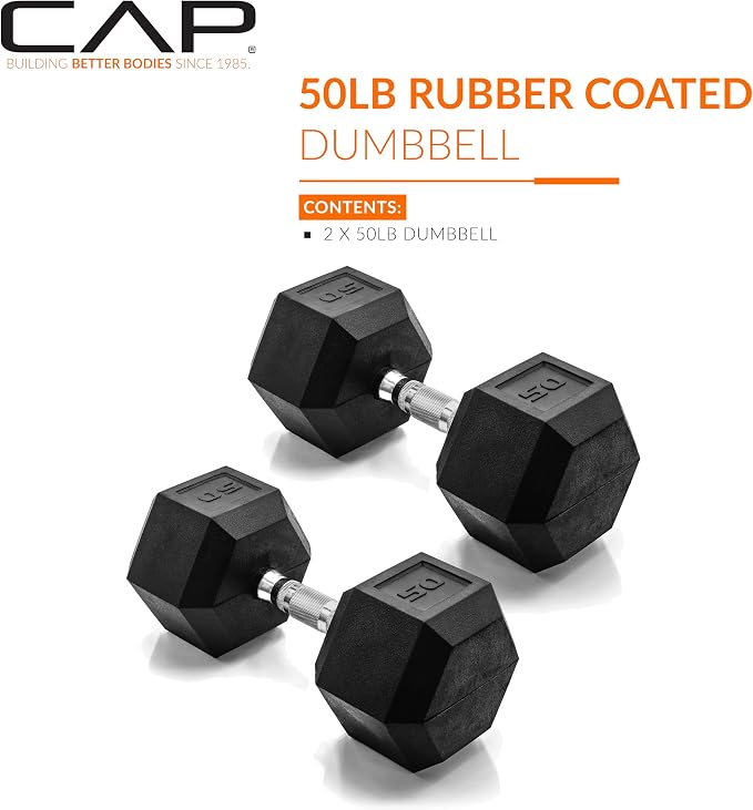 CAP Rubber Coated Dumbbell Weights, Free Weights for Home Gym Strength Training, Anti-Roll Hex Dumbbells with Black, Chrome & Comfort Grip Handles, Pairs & Sets
