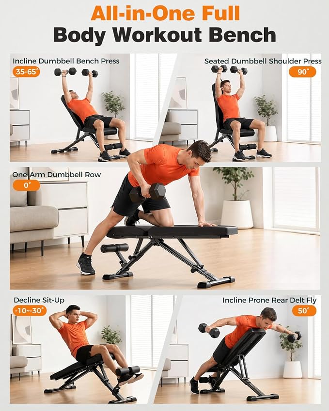 AIRHOP Foldable Workout Bench, 90° to -30° FID Weight Bench for Home Gym | Backrest, Seat, Leg Bar Adjustable, MAX 1000 LBS, 8-Pos Backrest, 3-Pos Seat, 4-Level Leg Support, 19.4" Extended Base Stable