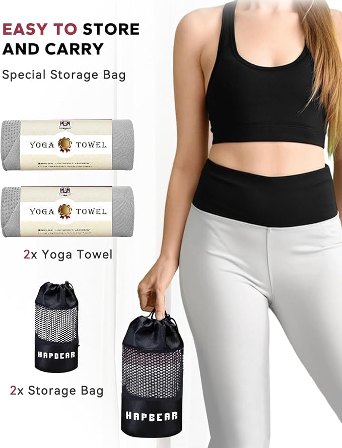 HAPBEAR 2 Pack Non Slip Yoga Mat Towel with Grip Dots, 72" x 24" Hot Yoga Towel - Super Absorbent Microfiber Yoga Towel for Hot Yoga, Bikram, Pilates and Gym Workout - Grey