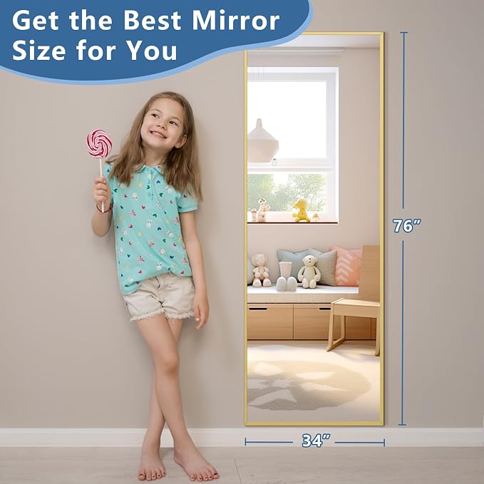 MirrMuse 56"x18" Full Length Mirror, Gold Floor Mirror with Stand | Rectangular, Slim Aluminum Frame, Tempered Glass, for Living Room Bedroom Cloakroom Dorm, Hanging or Leaning Against Wall