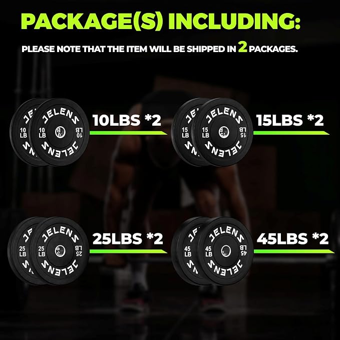 JELENS Olympic Barbell Weight Plates Set, 2-Inch Black/Colored Rubber Bumper Plate Weight Set for Strength Training and Weightlifting, Multiple Options