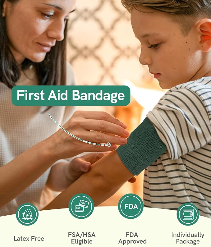 FriCARE Self Adhesive Bandage Wrap, Medical Tape in First Aid Kit | Elastic Cohesive Bandages for Sports/Vet/Wrist Ankle Wounds, 2 Inches X 5 Yards, Latex-free 6 Rolls, Hunter Green
