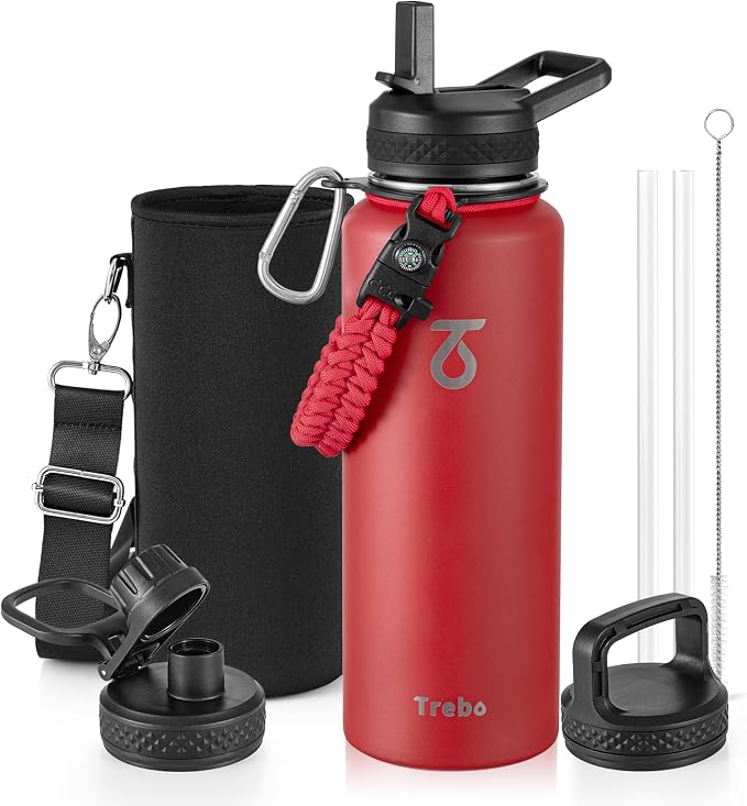 Trebo Water Bottle Insulated 40 oz with 3 Lids, Paracord Handle & Sleeve | Stainless Steel Flask Vacuum, Triple Wall Copper Plated, Dishwasher Safe, Keeps Cold 48Hrs for Hiking, Gym, Wide Mouth
