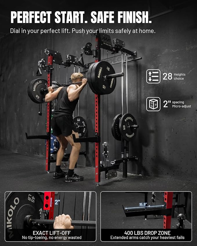 Mikolo Folding Squat Rack, Wall Mounted Power Rack with Cable Crossover Machine & LAT Pull Down, Functional Trainer with 5 Adjustable Function Modes, Home Gym Package