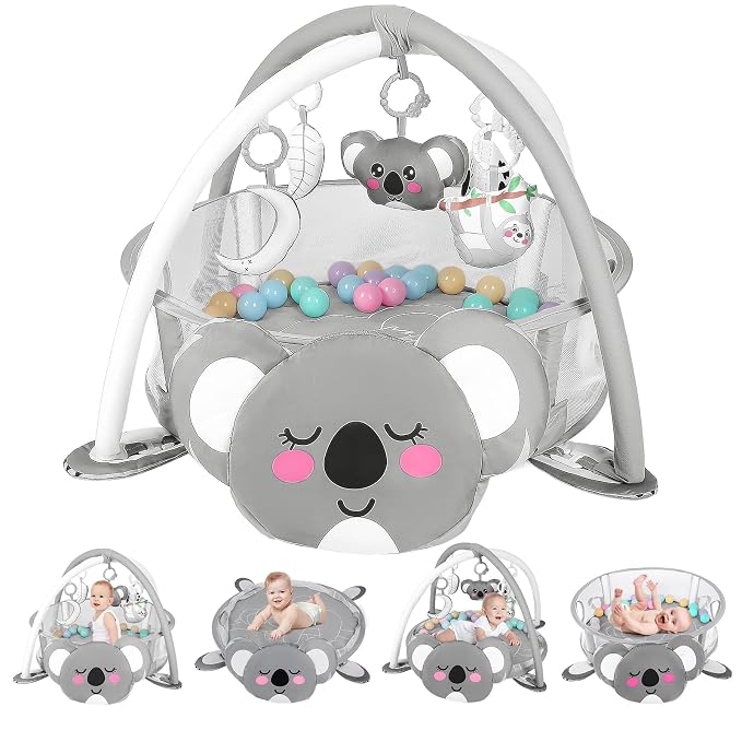 dearlomum Koala 4-in-1 Baby Play Mat Gym, with Ball Pit | Includes 30 Balls & 5 Learning Sensory Toys, Floor Gym Playmat for Newborn Infant Tummy Time, Ball Pit, Boy & Girl Gift