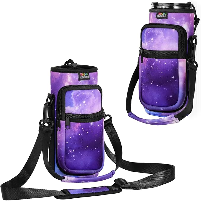 Nuovoware Magnetic Gym Bag, 25oz/32oz, Water Bottle Carrier, Starry Purple | Adjustable Shoulder Strap, 2 Pocket, Sports Sling Neoprene Sleeve, for Hiking Travelling Camping