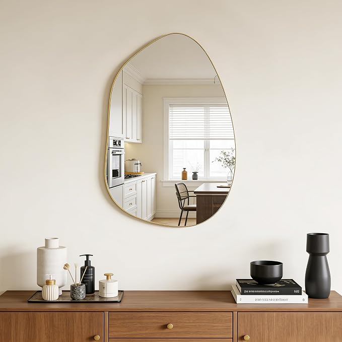 Irregular Wall Mirror Asymmetrical Mirror, Gold Mirror for Bathroom Living Room Entryway Bedroom, Decorative Modern Mirror, Tempered Glass, Shatterproof, Hangs Horizontally or Vertically (28" x 20")