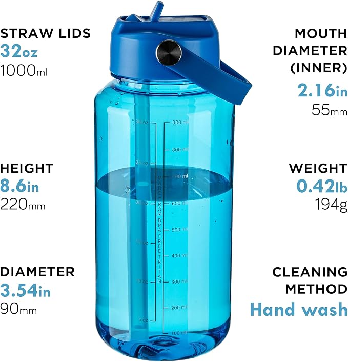OLDLEY 32oz Water Bottle with Straw,Leakproof Tritan Clear Bottle with Marked Bottle and Carry Handle, BPA-Free Wide Mouth Reusable Sports Water Bottle for Gym,Hiking, Camping, Travel, Workout,Blue