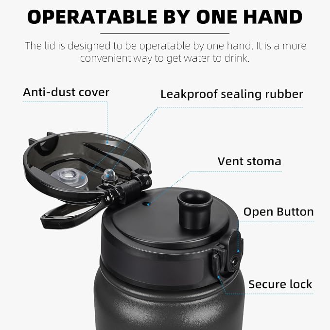 Fanhaw 32 oz Insulated Stainless Steel Water Bottle with Anti-Dust Chug Lid, Leakproof Vacuum Sports Bottle for Kids, Teens & Adults, Back to School Essentials (Black)