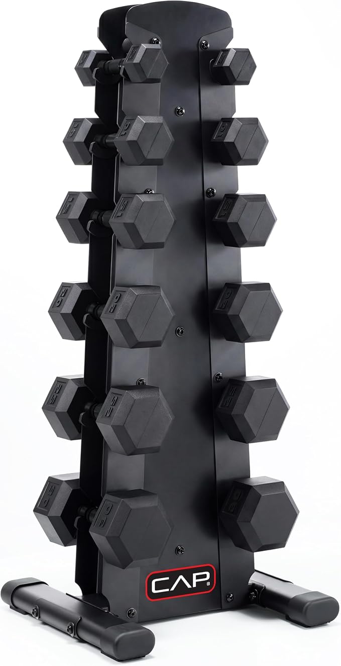CAP Rubber Coated Hex Dumbbell Set with Storage Rack | 100–210 lb Options, Space-Saving Vertical Compact Storage for Home Gym Strength Training