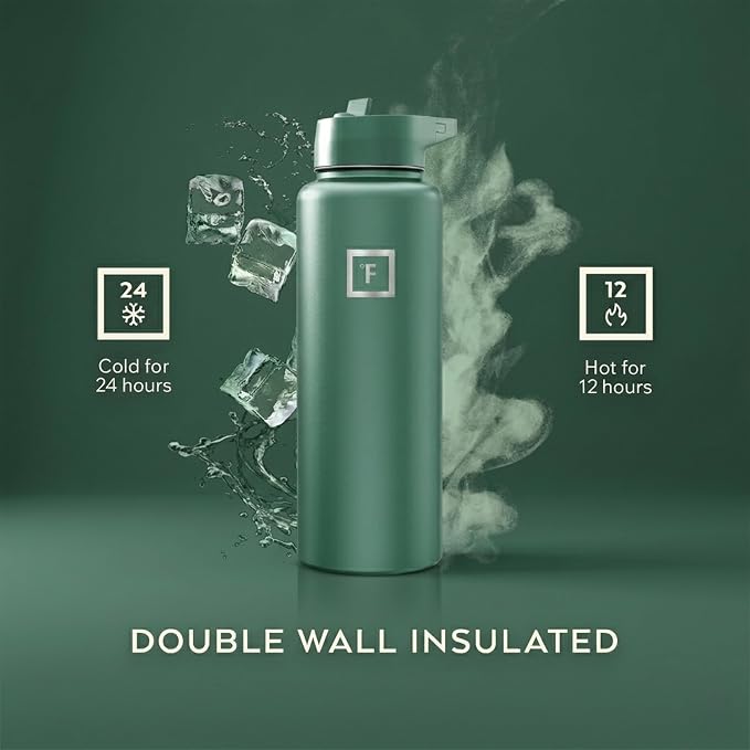 IRON °FLASK 40 oz Wide Mouth Water Bottle with Straw | Insulated Stainless Steel Sports Water Bottle with Leakproof Straw Lid - BPA Free, Cold 24 Hrs, Sweat Free (Sage)