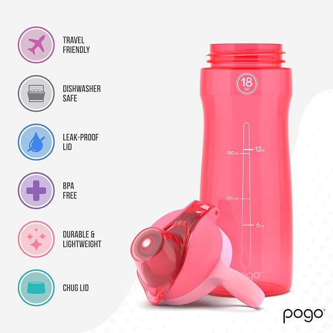 Pogo BPA-Free Tritan Plastic Water Bottle with Chug Lid, 18 Oz, Pink | Leakproof water bottle with chug lid and carry handle. BPA-free, great for travel, school, outdoors, and gym.