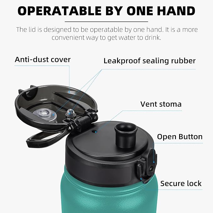 Fanhaw 32 oz Insulated Stainless Steel Water Bottle with Anti-Dust Chug Lid, Leakproof Vacuum Sports Bottle for Kids, Teens & Adults, Back to School Essentials (Green Blue)