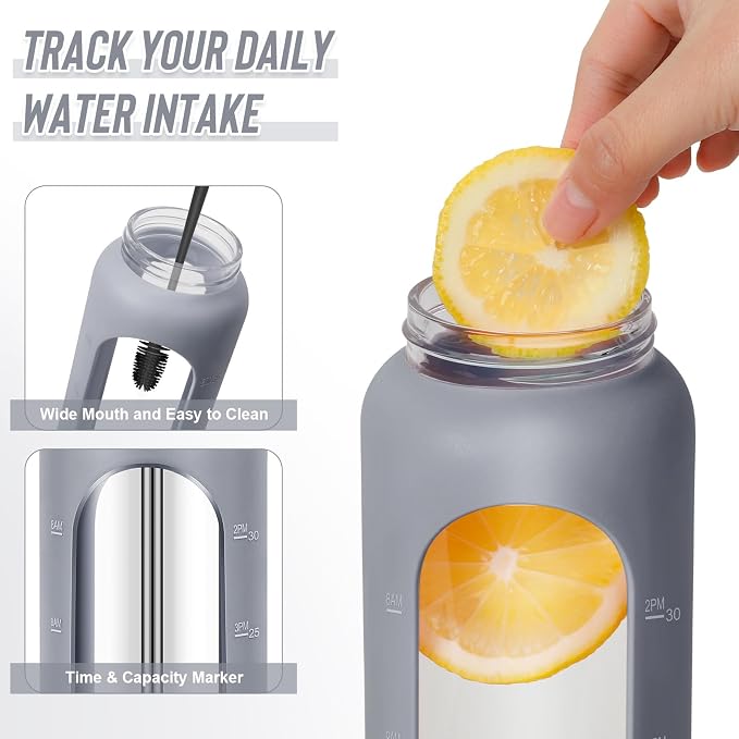 FULBEVY 32 oz Glass Water Bottle with Time Marker, 2 Lids & Silicone Sleeve