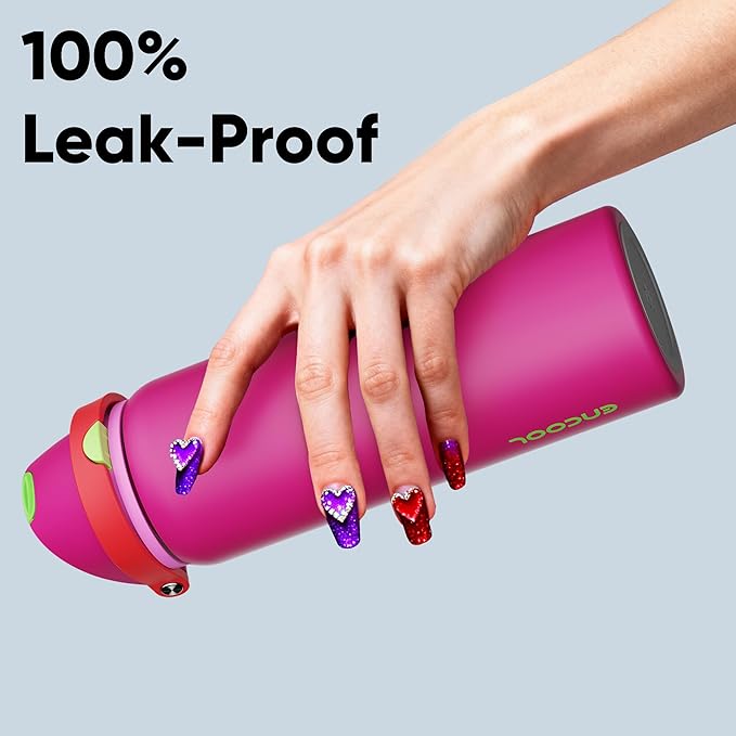 Insulated Water Bottle with Straw - Encool Stainless Steel Water Bottle with Push Button Lid, Leak-Proof & BPA-Free, Keeps Cold for 24 Hours for Sports, Travel, Gym (32 oz, Cerise Pink)