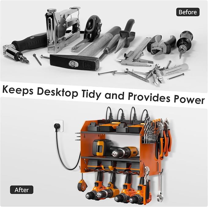 CCCEI Wall Mount Modular Tool Charging Organizer, Orange, 1 Pack, 3 Tier. | Drill Battery Storage Rack with Hooks, Garage Workshop, Gifts for Men, Dad, Husband Anniversary, Birthday, Christmas