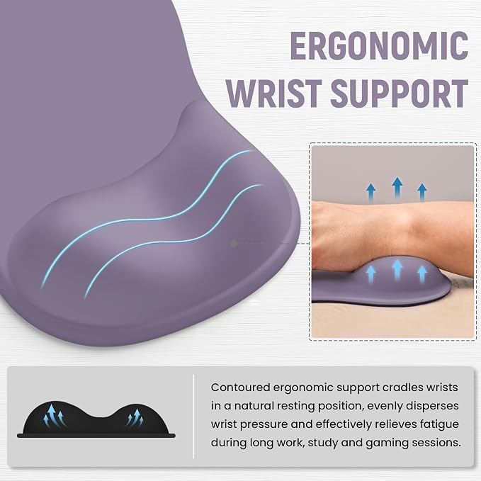 Ergonomic Mouse Pad with Wrist Rest, Gel Wrist Support, Lavender | 10.2 x 7.6 in Mouse Pad with Smooth Fabric Surface and Non-Slip Rubber Base for Office, Home, Study, and Gaming