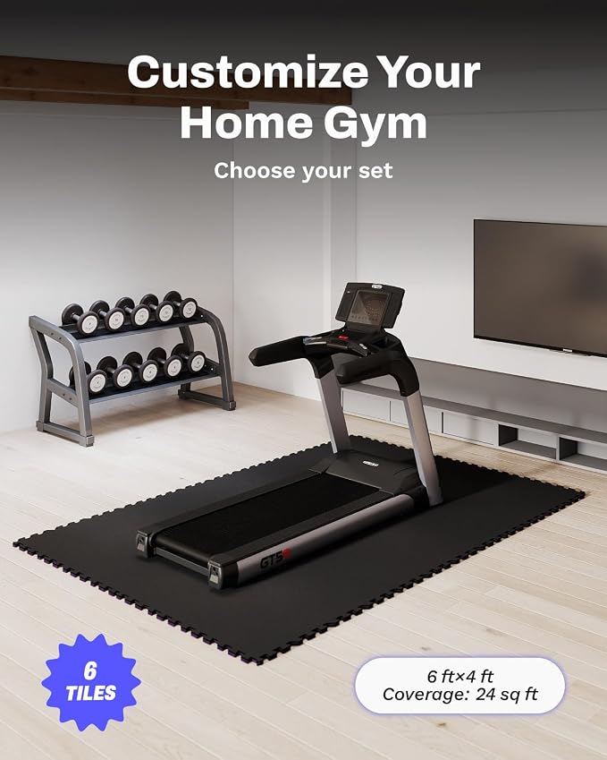 AIRHOP 0.79'' Extra-Thick 24 Sq Ft Rubber Top Gym Flooring for Home Gym | 6 Tiles, High Density EVA Foam, Waterproof & Non-Slip Rubber, Interlocking Puzzle Mats, Heavy Duty Floor Protection, 24"x24"