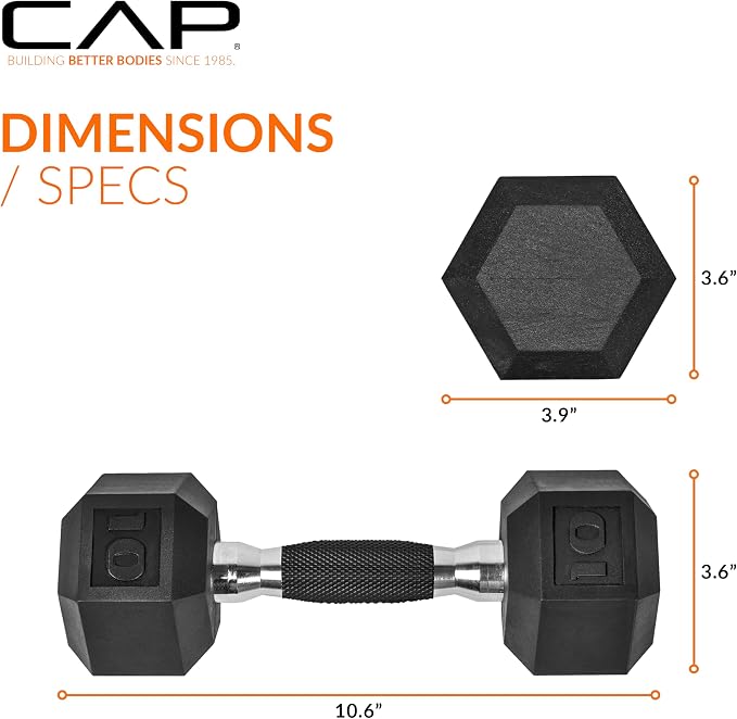 CAP Rubber Coated Dumbbell Weights, Free Weights for Home Gym Strength Training, Anti-Roll Hex Dumbbells with Black, Chrome & Comfort Grip Handles, Singles