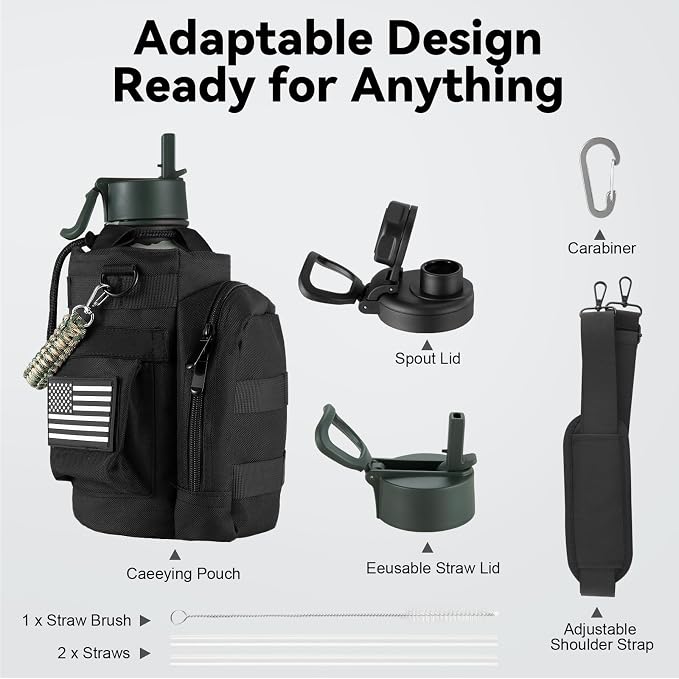 KXIAOCHEN Insulated Water Bottle with Strap, 48-Hour Cold, 2 Lids | Triple-wall insulation, lead-free 18/8 Stainless steel, paracord handle, carabiner clip, for gym, hiking, camping and travel