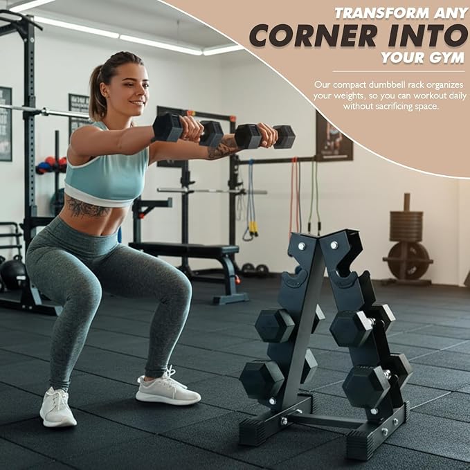 RitFit Rubber Hex Dumbbell Set with Storage Weight Rack | Rubber Heavy-Duty Coated Cast Iron, Knurled Chrome Handle, Space-Saving Storage for Home Gym Strength Training