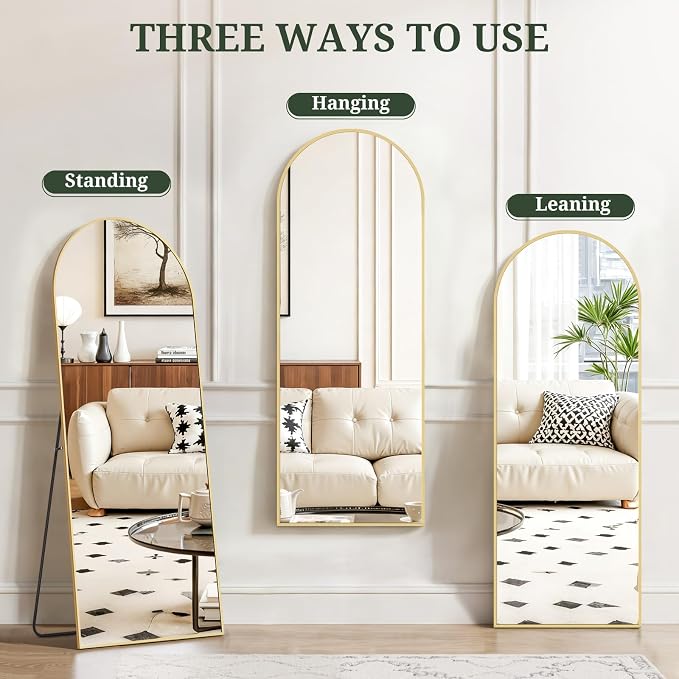 Mirror Full Length 56"x15", Arched Full Body Floor Mirrors with Stand | Shatterproof Glass, Aluminum Alloy Frame, Free Standing, Wall Mounted or Leaning for Bedroom Living Room Entryway