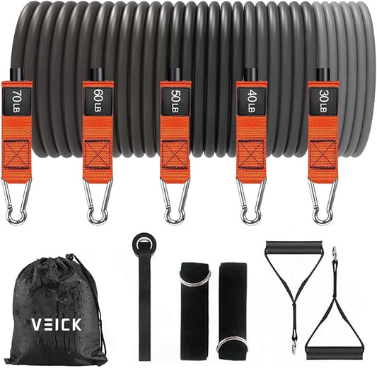 VEICK 10-150LBS Resistance Bands with Handles, Ankle Straps, Door Anchor | Accredited Lab Certified, 100% Natural Latex, Versatile for Yoga, Pilates, Strength, Home Gym