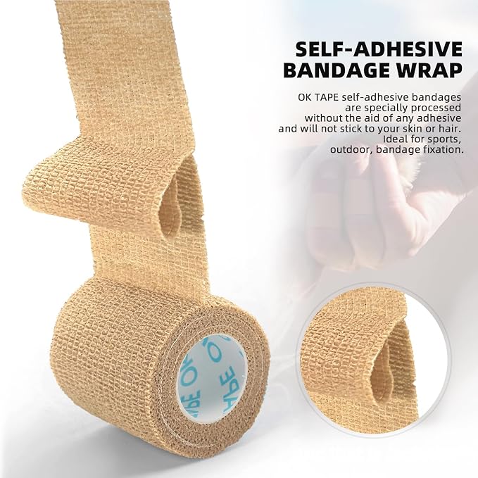 OK TAPE Self Adherent Cohesive Bandages Wrap 24Packs 2" x 5 Yards | Non-Woven Self Adhesive Athletic Sports Wrap Tape Vet Wrap Bandages Tape for Thumb Finger Wrist Ankle (Beige)