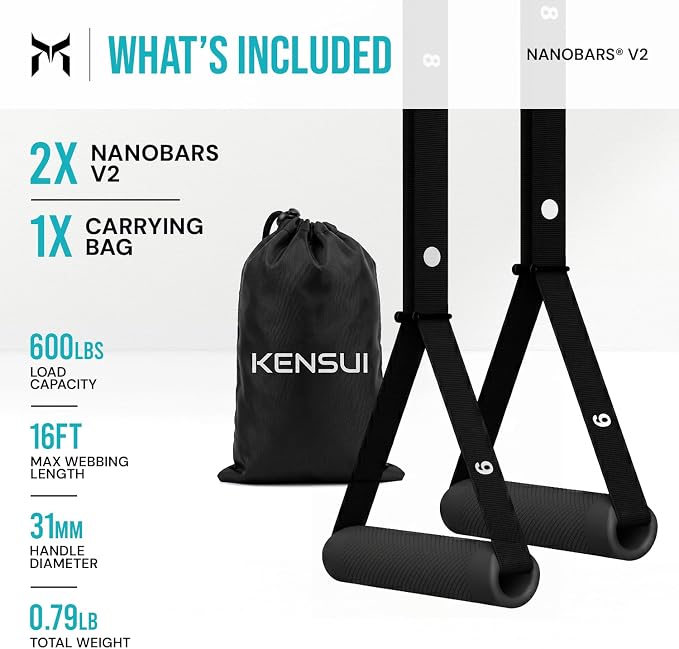 Kensui NanoBars V2 - Portable Suspension Trainer, 600 lb Max Load | Stable and rotating handle modes support pull ups, rows, dips, curls and full body training with natural wrist movement.