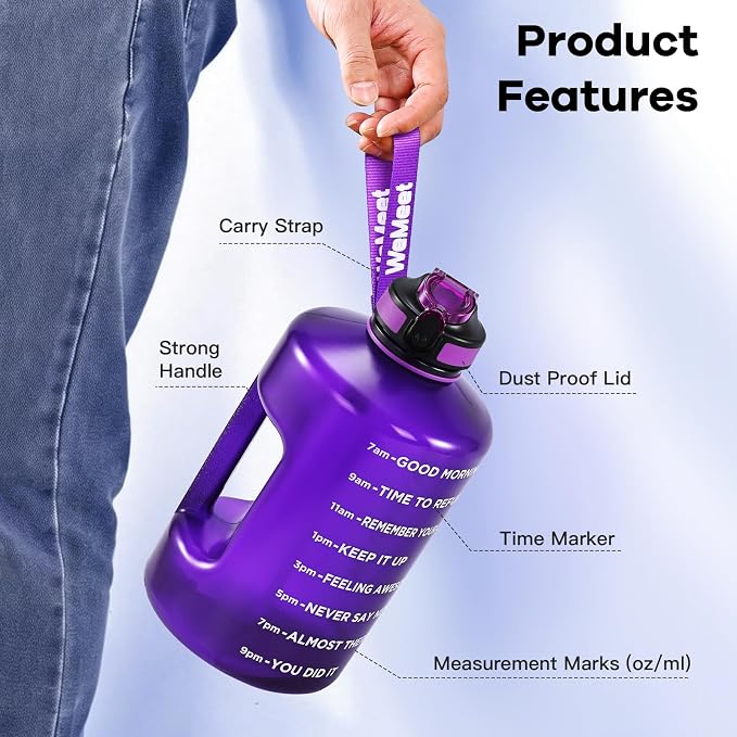 WEMEET Leakproof Water Bottle Motivational with Straw & Strap, BPA Free, 128 oz Gym Water Bottle with Time Marker, Water Jug for Outdoor Enthusiasts (Purple Blue)