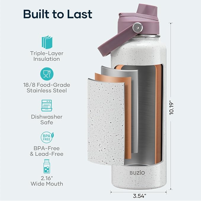 BUZIO 40 oz Insulated Water Bottle, Triple Wall Vacuum Stainless Steel Water Flask with 2 lids, Lead-Free BPA-Free Straw Lid Sports Canteen Jug, Cold 48H & Hot 24H, Starry Violet