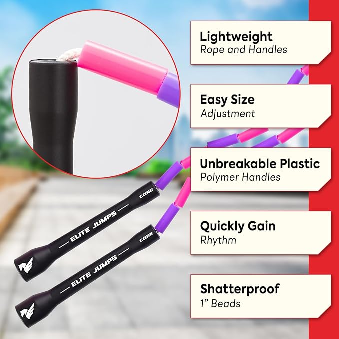 Elite Jumps Beaded Kids Jump Rope, Adjustable | Shatterproof segmented beads. Tangle-free and lightweight. Fun fitness and outdoor play for kids.