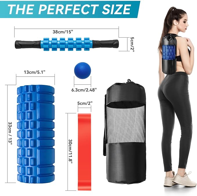 Krightlink 5 in1 Foam Roller Set High Density Foam Roller Muscle Recovery | Deep Tissue Muscle Massage Foam Roller for Exercise, Massage Roller, Massage Ball, Stretching Strap, for Whole Body Blue