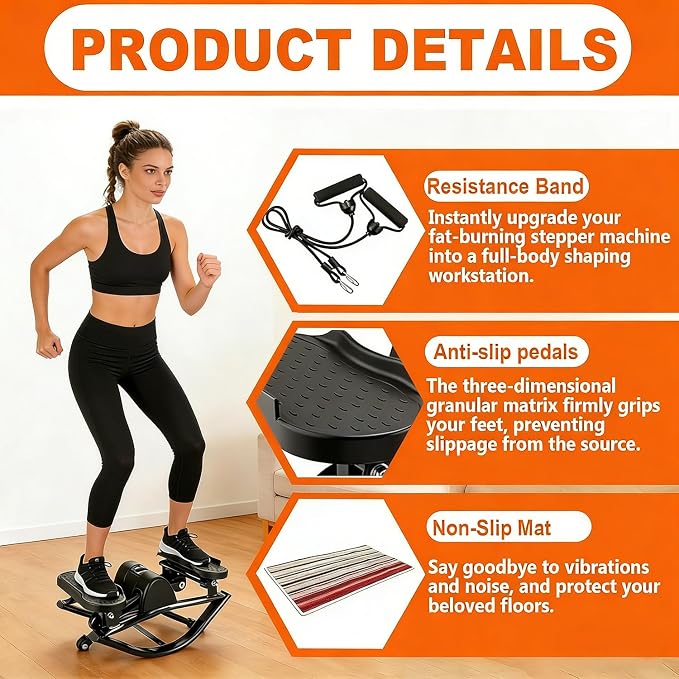 Rocking Stepper for Exercise at Home Portable Lateral Rock Stepper from Side to Side with Resistant Bands and Non-Slip Mat - Black