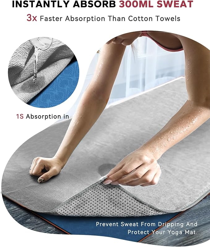 HAPBEAR 2 Pack Non Slip Yoga Mat Towel with Grip Dots, 72" x 24" Hot Yoga Towel - Super Absorbent Microfiber Yoga Towel for Hot Yoga, Bikram, Pilates and Gym Workout - Grey