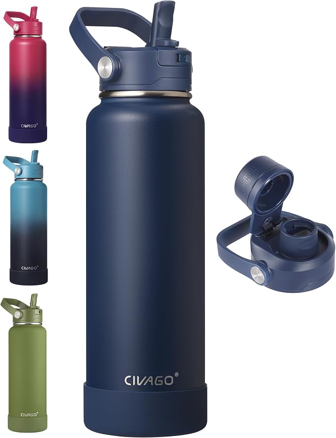 CIVAGO 40 oz Insulated Stainless Steel Water Bottle with Removable Straw | Large Leakproof Metal Water Jug, Sports Thermal Flask Cup with Bucket Handle, Silicone Boot, Dishwasher Safe, BPA-Free, Navy