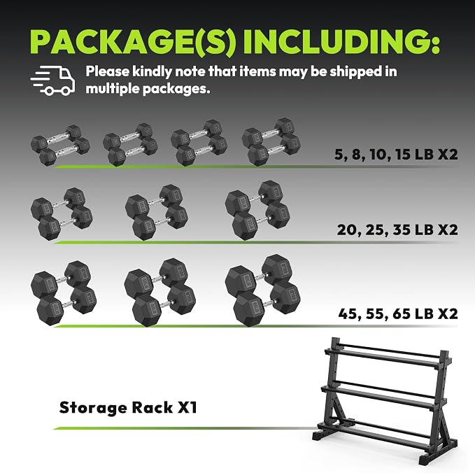 HANDBODE Dumbbell Set with Rack, Rubber Coated Fixed Dumbbells 390-790 lbs | Heavy Duty Hexagonal Weights, Non-Roll Hexagon Shape for Stability, Home Gym Strength Training Equipment
