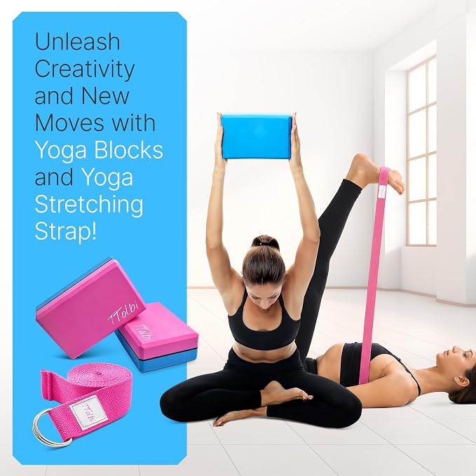 Yoga Blocks 2 Pack with Strap and Guide – Soft Non-Slip EVA Foam Blocks | High-Density Pilates Blocks for Home Workouts, Dance, Ballet, Gymnastics & Stretching Exercise, Dance Accessories and Gifts