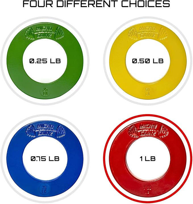 Micro Gainz Calibrated Fractional Weight Plate Set of 2 Plates, Choose Set (.25LB-1.25LB), Designed for Olympic Barbells for Strength Training & Micro Loading Bar Weights, Made in USA
