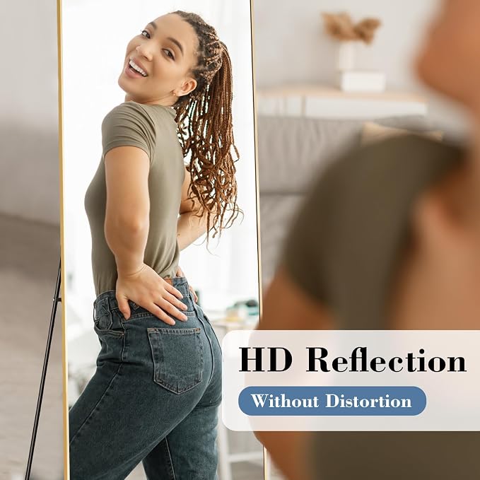 NEWBULIG 58"x19" Full Length Mirror, Full Body Standing Mirror, Gold | Leaning or Standing, Tempered Glass, Aluminum Alloy Thin Frame Floor Stand for Bedroom, Cloakroom