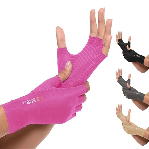 Copper Compression Arthritis Gloves | Fingerless Arthritis Carpal Tunnel Pain Relief for Men & Women | Hand Support Wrist Brace for Neuropathy, Rheumatoid, Tendonitis, Swelling, Crocheting Pink S