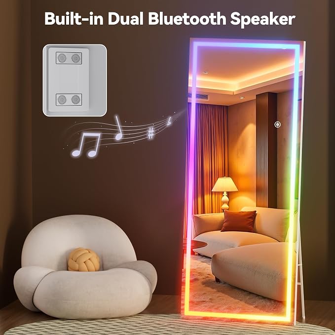 Hasipu 83"x35" LED RGB Bluetooth Home Gym Mirror Full Length with Lights, Wall Mount & Free Standing Full Body Mirror for Bedroom Workout Yoga, Detachable Stand, 7 Color & Brightness Adjustable