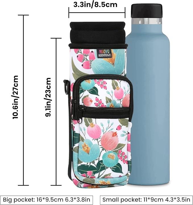 Nuovoware Water Bottle Carrier Bag, 25oz/32oz, Rosebush pink | Adjustable Shoulder Hand Strap, 2 Pocket, Neoprene Sleeve, For Hiking Travelling Camping