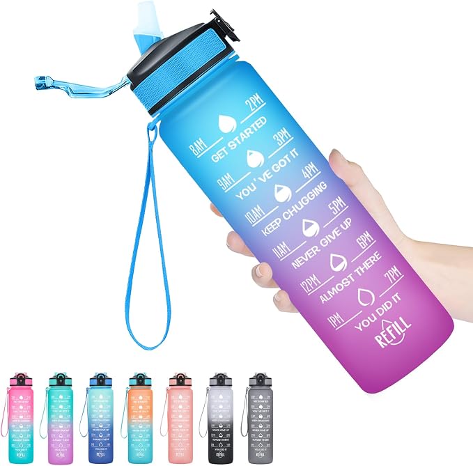 Hyeta Water Bottle with Straw & Time Marker, Plastic 32oz Leakproof | Motivational Tritan BPA Free Gym Office Outdoor Intake Tracker Hourly Reminder Straw Lid Carry Strap