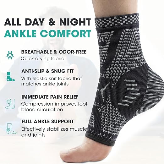 INDEEMAX Copper Ankle Brace Ankle Compression Sleeve Support Ankle Brace for Women & Men, Achilles Tendonitis Brace, Plantar Fasciitis, Sports, Silver Black, L