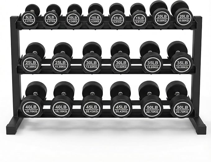 Urethane Dumbbell Set with Rack, 5-50 LB, 10 Pair of Commercial Grade Rubber Encased Dumbbells Set for Home Gym & Commercial Fitness, Durable Strength Training Weights with Storage Rack