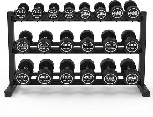 Urethane Dumbbell Set with Rack, 5-50 LB, 10 Pair of Commercial Grade Rubber Encased Dumbbells Set for Home Gym & Commercial Fitness, Durable Strength Training Weights with Storage Rack