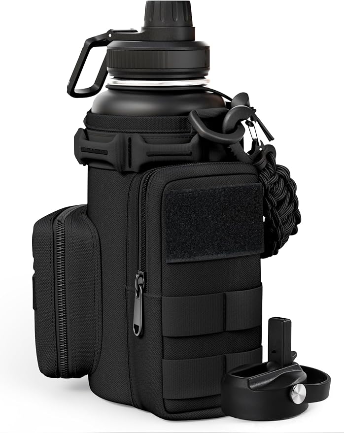 Tactical Water Bottle with Straw, 32 Oz Insulated Water Jug with Molle Water Bottle Holder, Stainless Steel Sport Bottle with 2 BPA Free Lids for Gym Workout Hiking (32oz-Black)